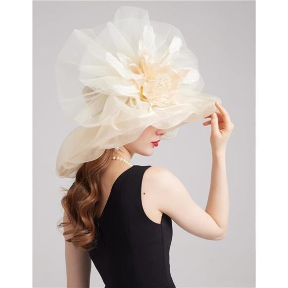 Women Organza Church Tea Party Hats Floral Beige main image 4